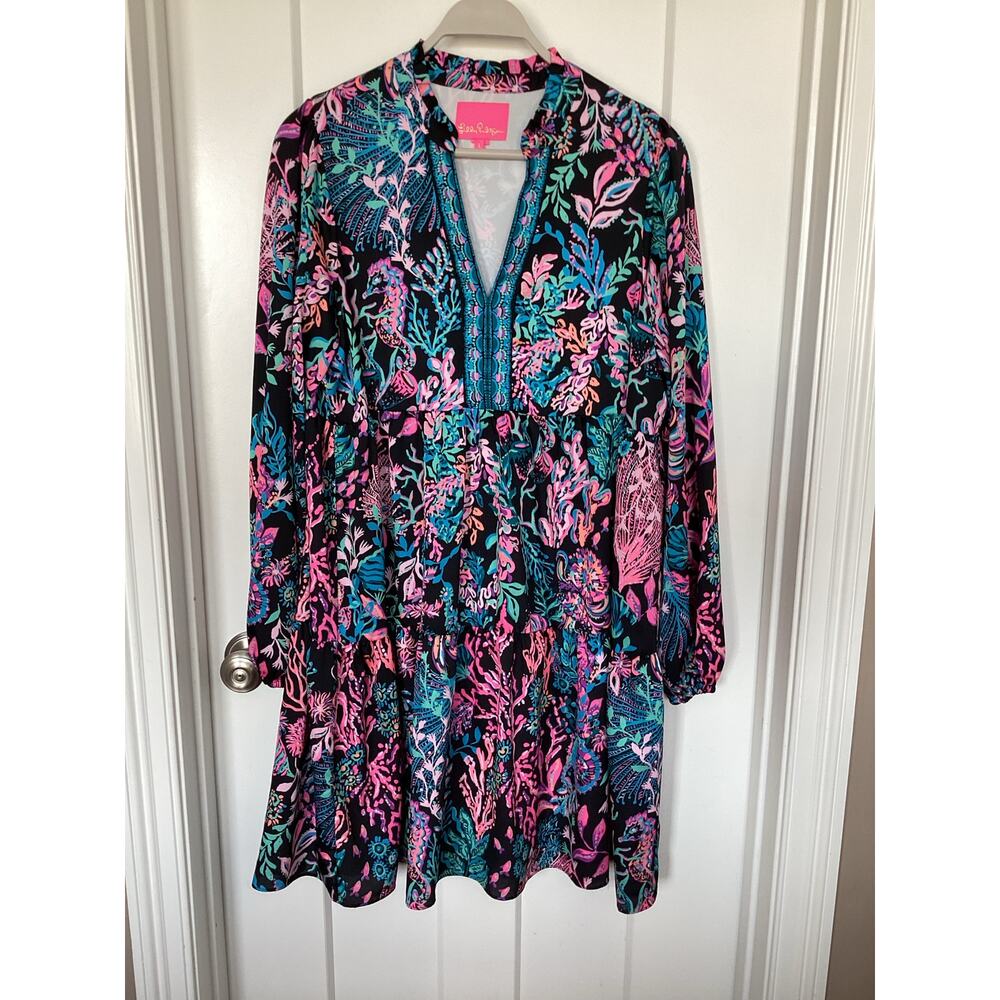Lilly Pulitzer Ariella Swing Mini Dress Onyx Twilight Coral Engineered SZ Large - Picture 3 of 11